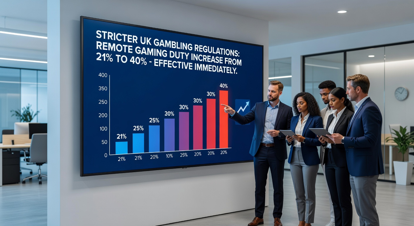 Illustration of a small casino operator balancing precarious stacks of compliance documents against a backdrop of rising tax graphs
