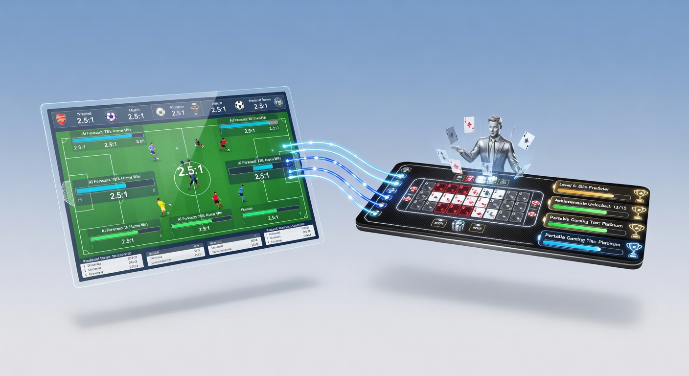 Mobile gaming interface showing football predictions alongside digital card tables and loyalty program dashboards