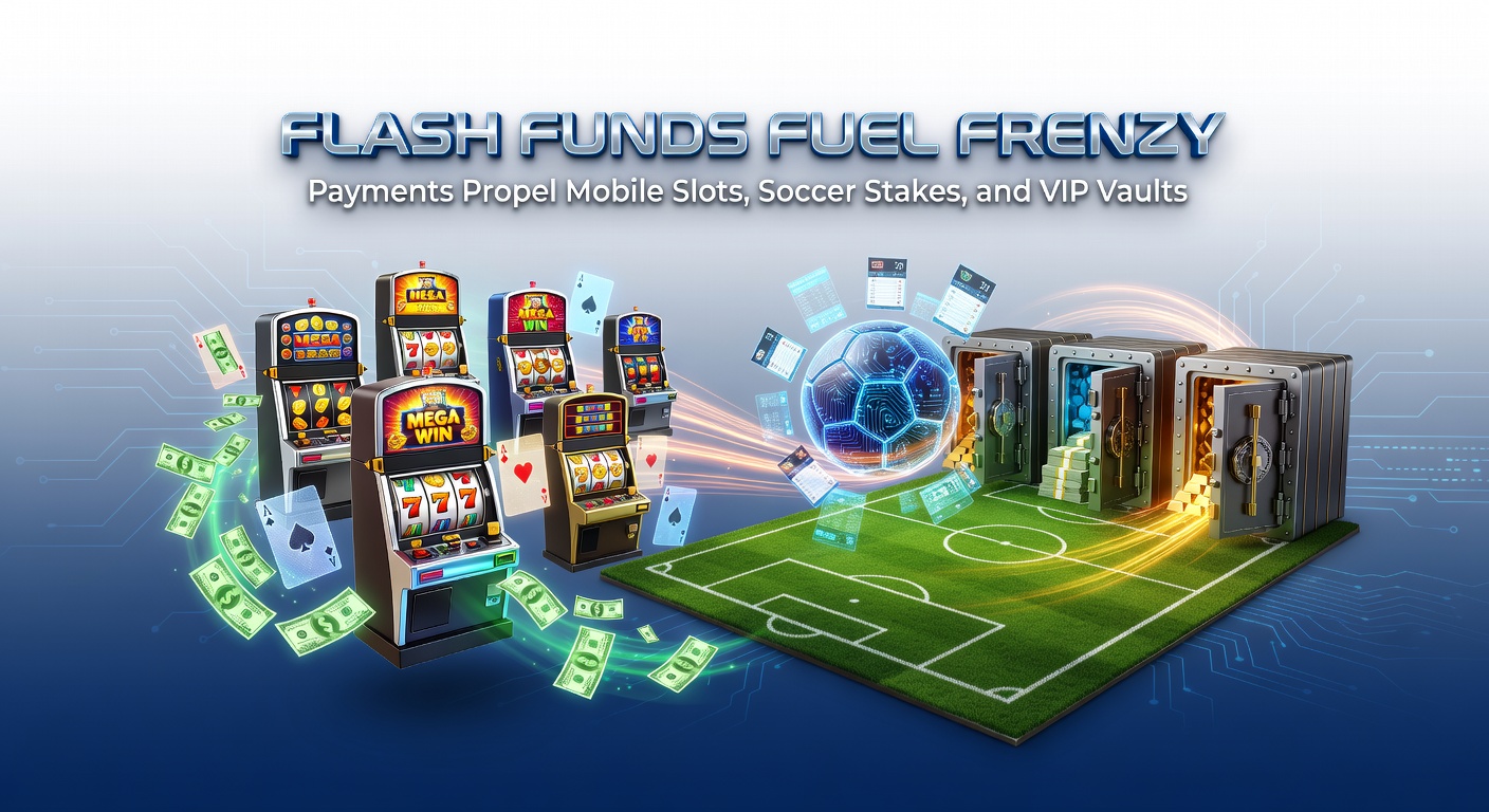 Dynamic graphic showing lightning-fast payment streams fueling vibrant slot reels, soccer pitches, and opulent VIP lounges in online gambling platforms