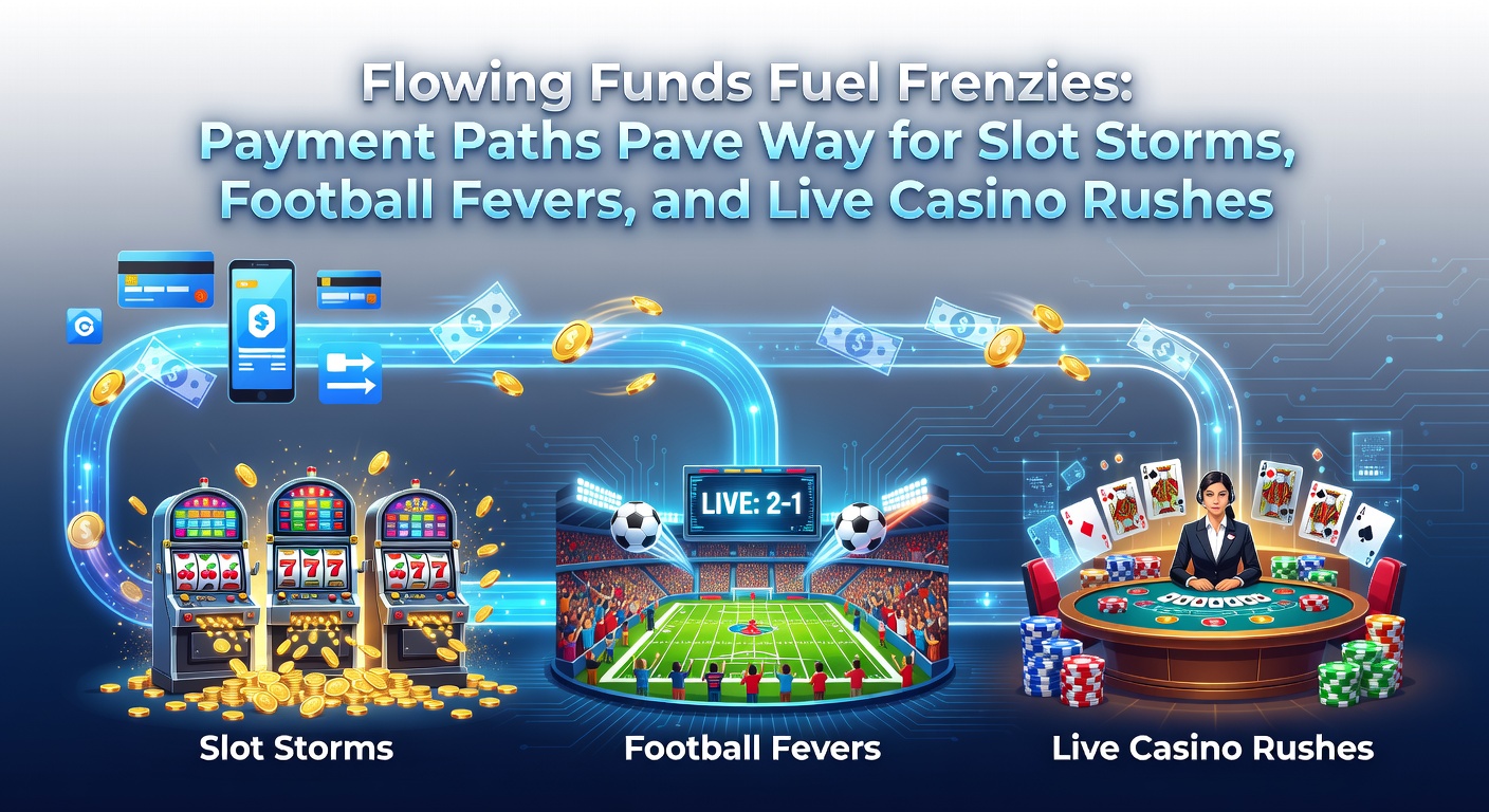 Digital streams of money flowing into vibrant slot machines, soccer fields, and live casino tables, symbolizing fast payments fueling gambling excitement