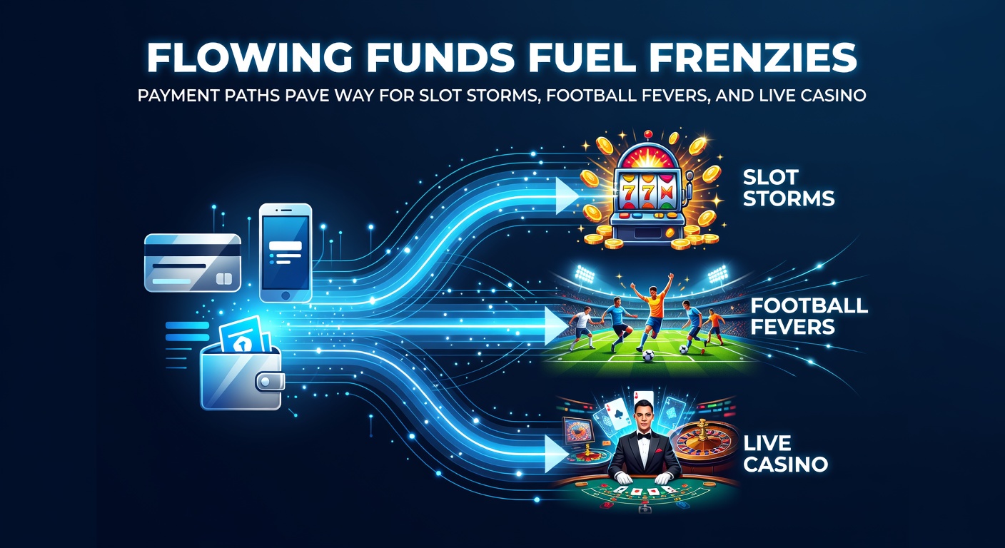 Dynamic graphic of soccer balls, slot reels, and roulette wheels connected by swift payment arrows, illustrating how fast funds drive betting action