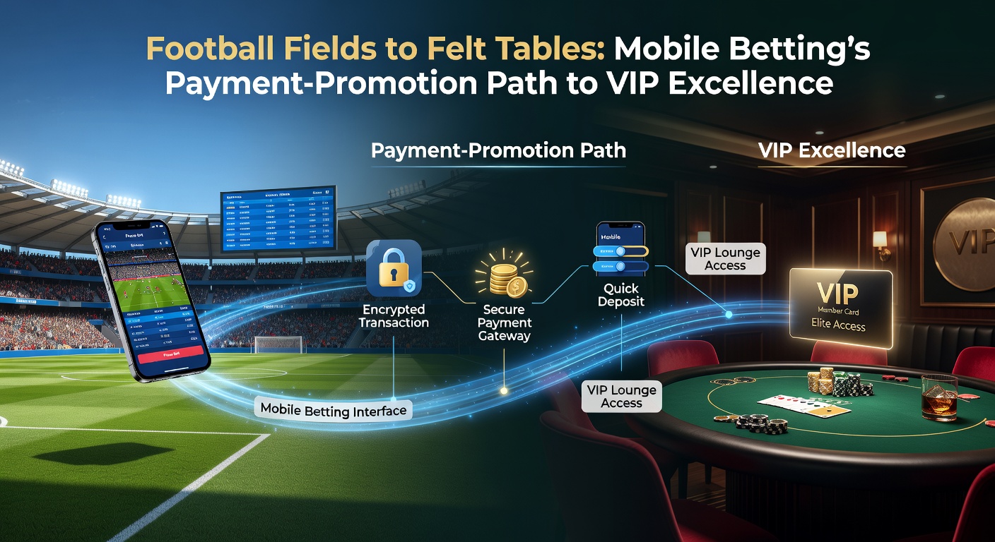 Dynamic graphic showing a football pitch morphing into a casino felt table, with payment icons, bonus explosions, and VIP ladder climbing toward luxury rewards