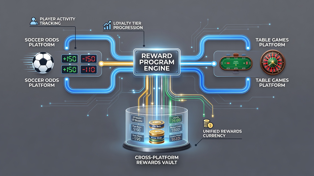 Diagram showing data synchronization between soccer odds platforms and table game reward ledgers on multiple devices