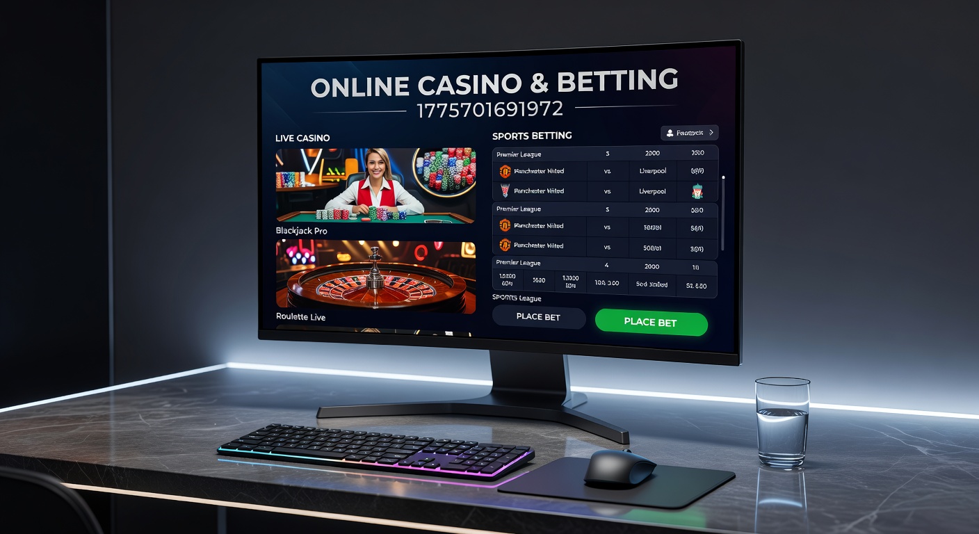 Dynamic sports betting dashboard displaying live odds for football matches alongside casino games like poker and slots on a sleek laptop setup