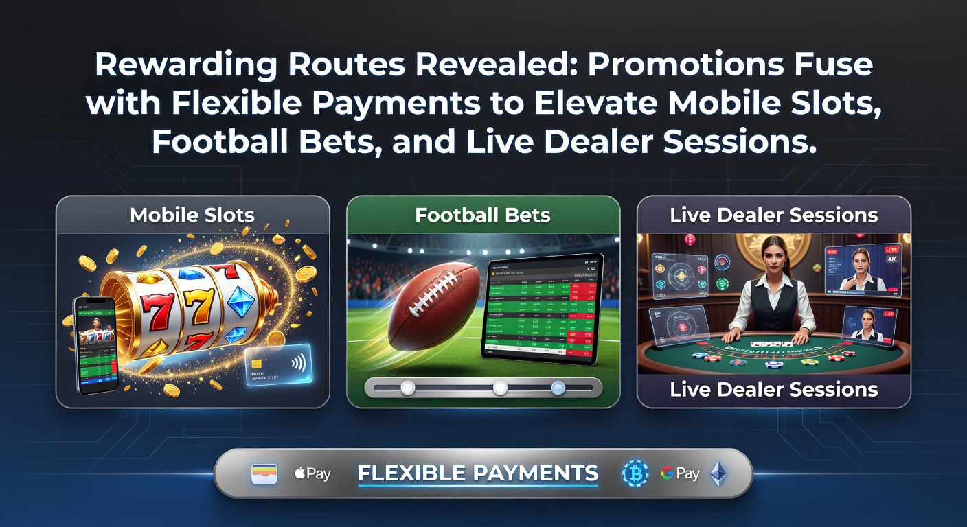 Vibrant mobile screen showing slot reels spinning alongside soccer match highlights and a live dealer table, with glowing payment icons and bonus notifications overlayed