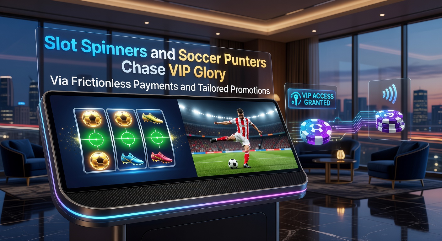 Vibrant illustration of slot reels spinning alongside a soccer ball, overlaid with golden VIP keys and swift payment icons representing seamless transactions and exclusive rewards