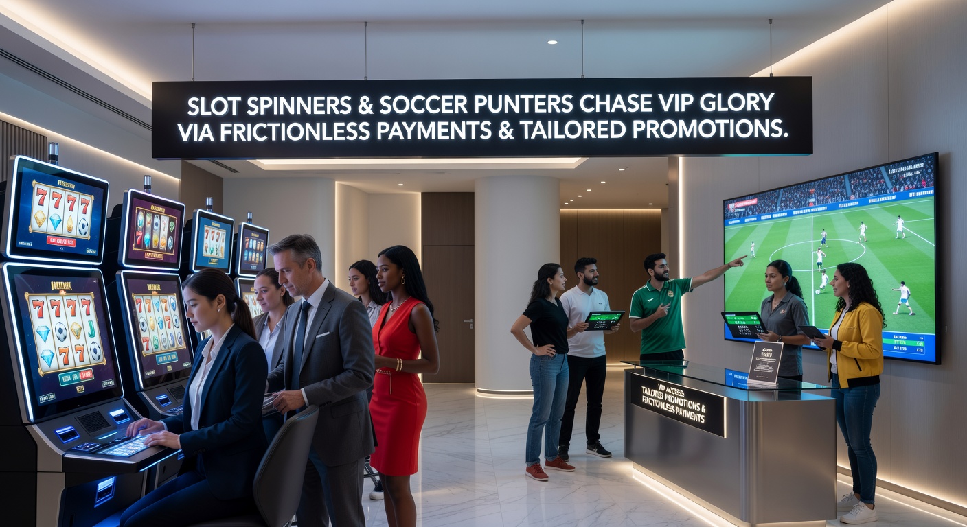 Dynamic graphic showing a mobile phone screen with lightning-fast payment confirmation, VIP ladder climbing toward a trophy, soccer pitch elements, and exploding slot symbols