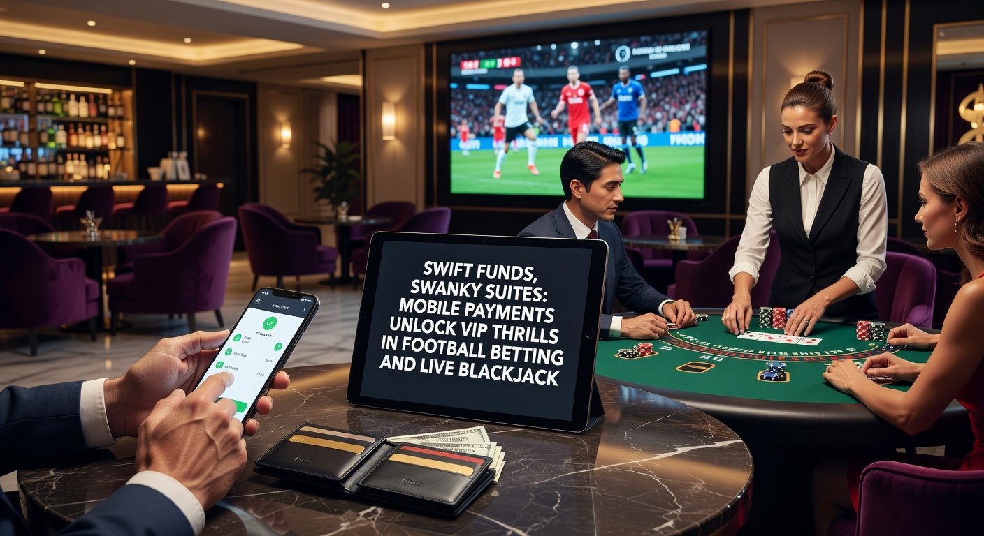Mobile phone displaying instant payment confirmation alongside a vibrant football betting interface and live blackjack table with VIP perks glowing on screen