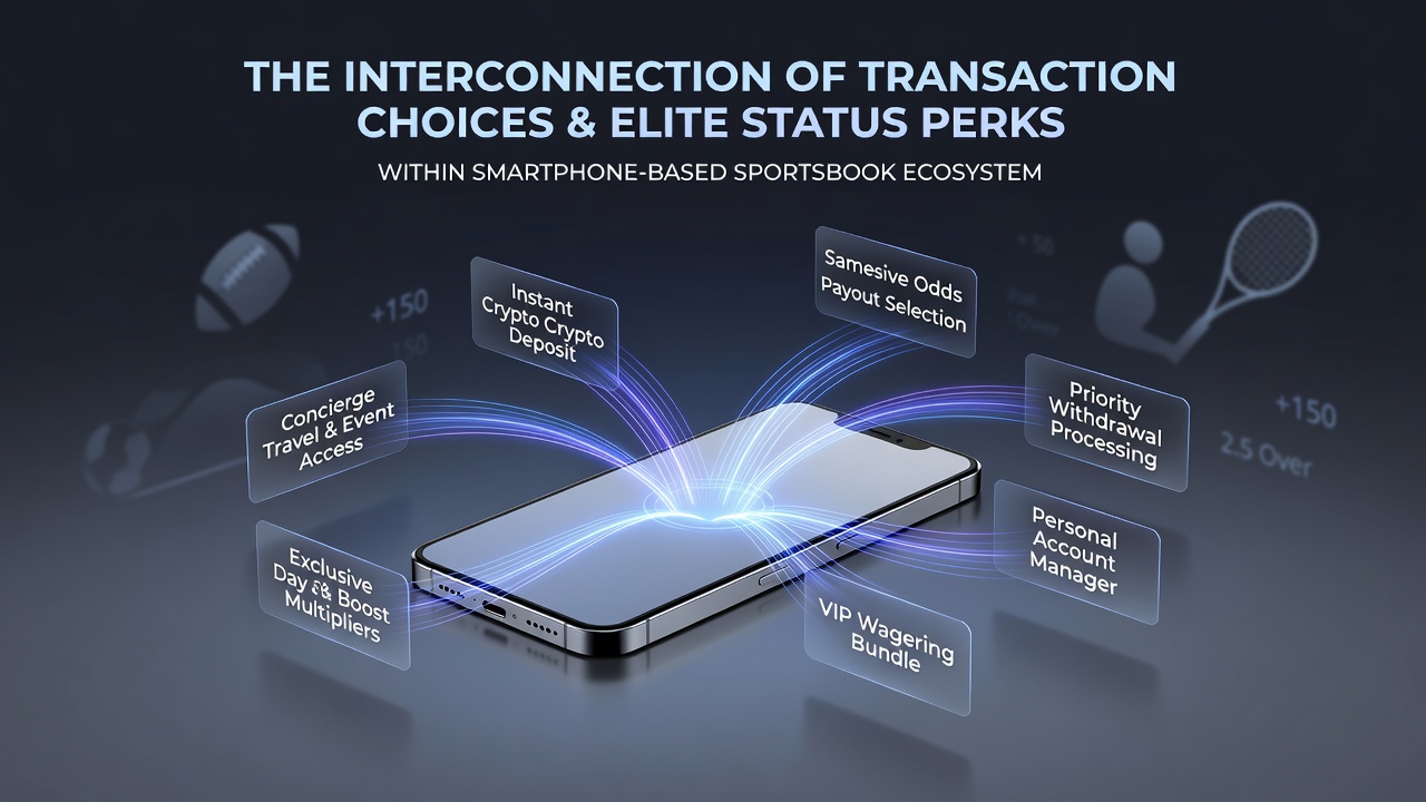 Smartphone displaying VIP rewards dashboard connected to sportsbook and live table game sections