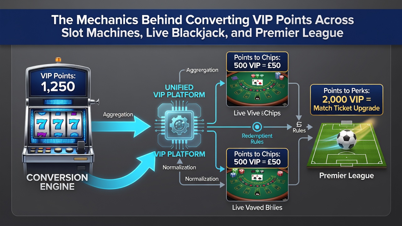 Illustration showing live blackjack sessions and Premier League wagers linked through a shared VIP points interface