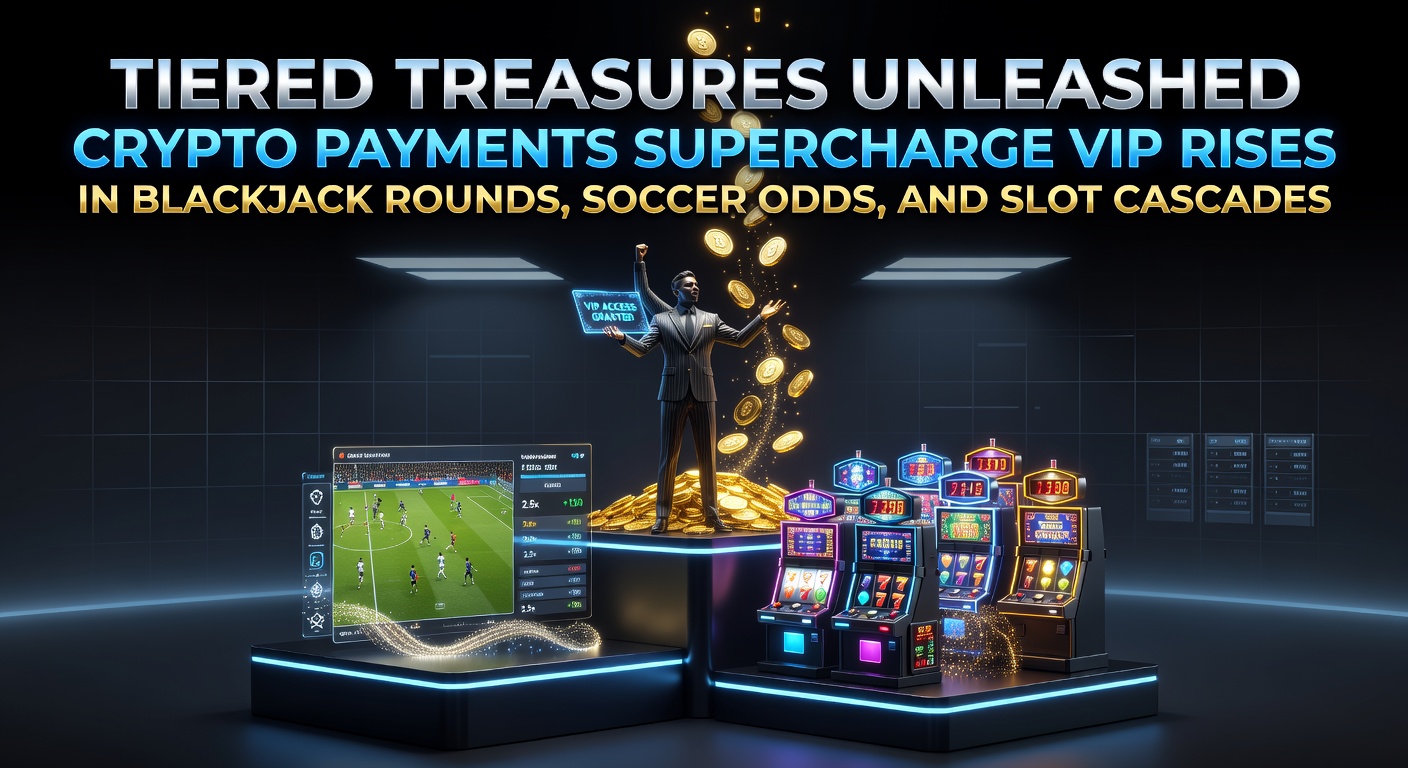 Digital crypto wallet interface showing seamless deposits into a vibrant online casino dashboard with VIP tier progress bars lighting up for slots, soccer odds, and blackjack