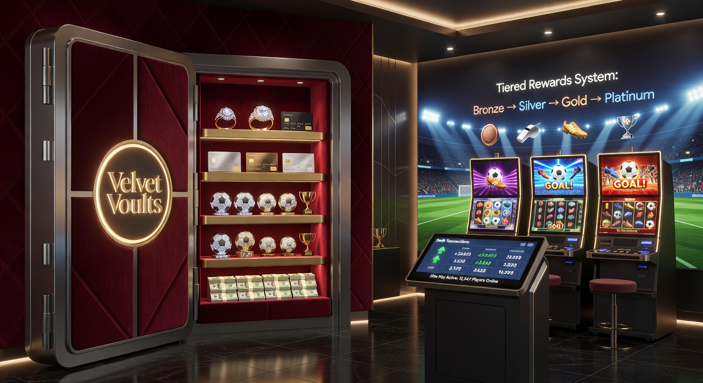 Sleek mobile screen displaying tiered VIP progress bar, instant payout notifications, soccer betting slips, and live dealer streams in a high-tech casino interface